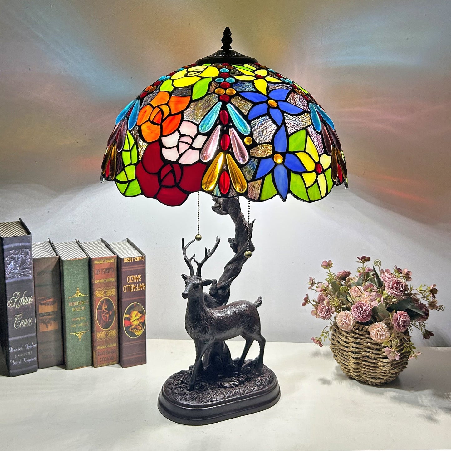 Traditional Tiffany Glass Iron Dome Deer Base Rose Flower 2-Light Table Lamp For Bedroom