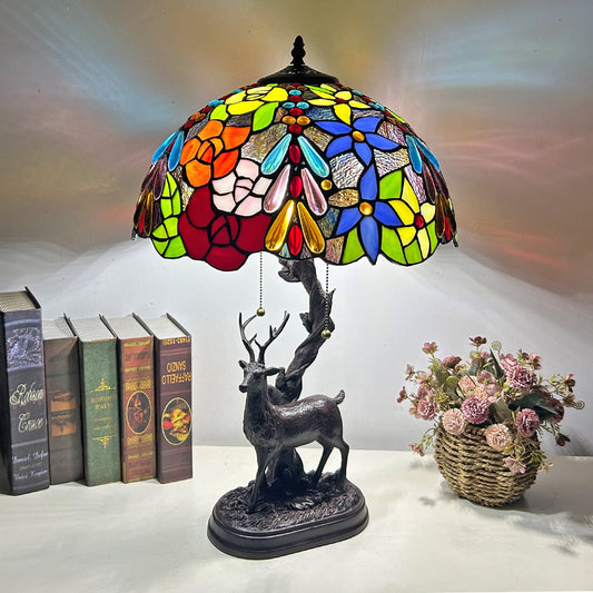 Traditional Tiffany Glass Iron Dome Deer Base Rose Flower 2-Light Table Lamp For Bedroom