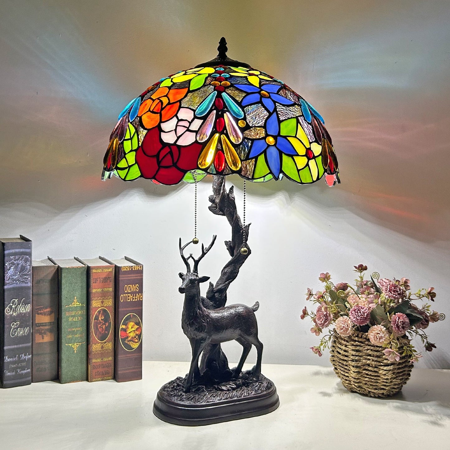 Traditional Tiffany Glass Iron Dome Deer Base Rose Flower 2-Light Table Lamp For Bedroom