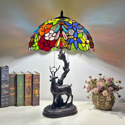 Traditional Tiffany Glass Iron Dome Deer Base Rose Flower 2-Light Table Lamp For Bedroom
