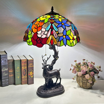 Traditional Tiffany Glass Iron Dome Deer Base Rose Flower 2-Light Table Lamp For Bedroom