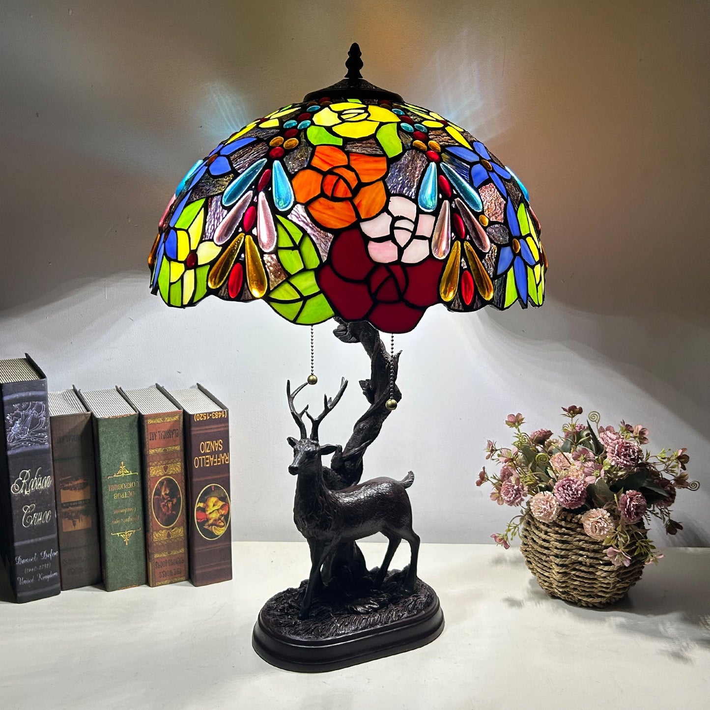 Traditional Tiffany Glass Iron Dome Deer Base Rose Flower 2-Light Table Lamp For Bedroom