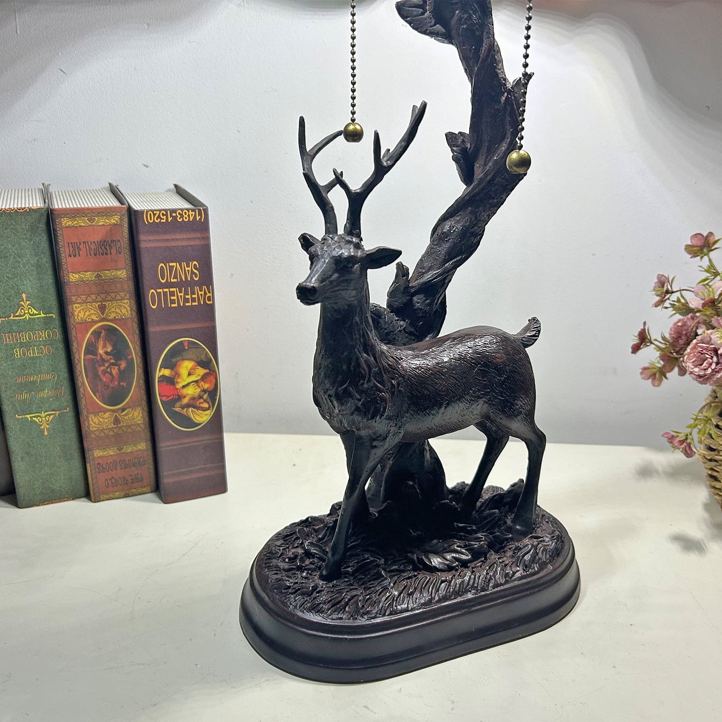 Traditional Tiffany Glass Iron Dome Deer Base Rose Flower 2-Light Table Lamp For Bedroom