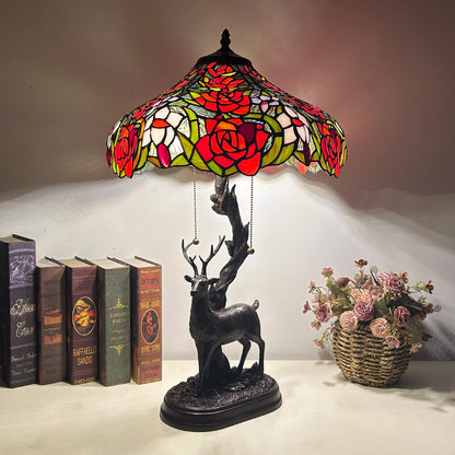 Traditional Tiffany Glass Iron Dome Deer Base Rose Flower 2-Light Table Lamp For Bedroom