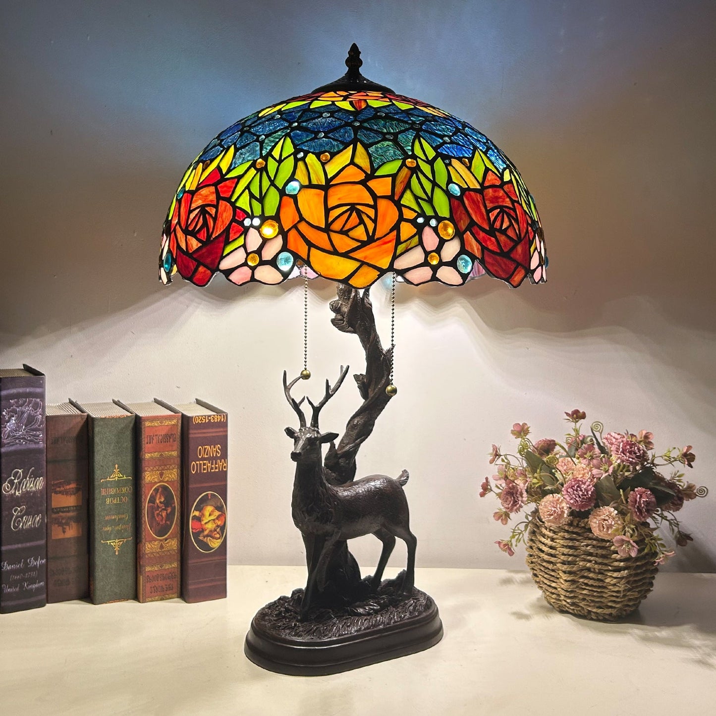 Traditional Tiffany Glass Iron Dome Deer Base Rose Flower 2-Light Table Lamp For Bedroom