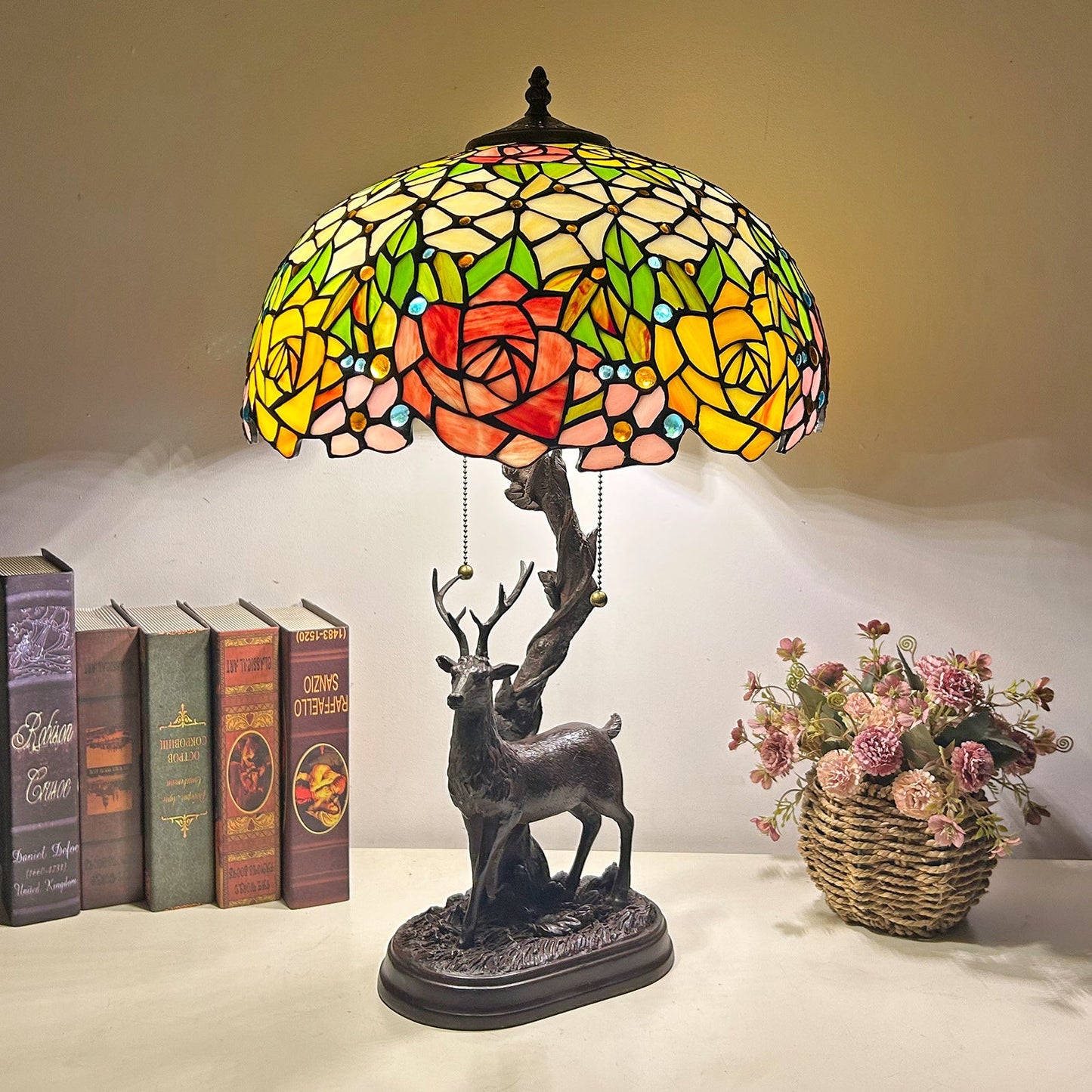 Traditional Tiffany Glass Iron Dome Deer Base Rose Flower 2-Light Table Lamp For Bedroom
