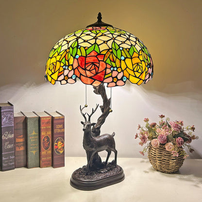 Traditional Tiffany Glass Iron Dome Deer Base Rose Flower 2-Light Table Lamp For Bedroom
