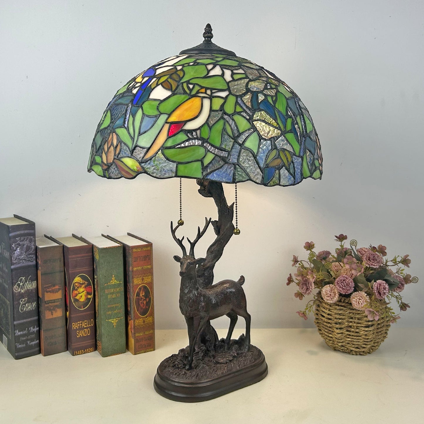 Traditional Tiffany Glass Iron Dome Deer Base Rose Flower 2-Light Table Lamp For Bedroom