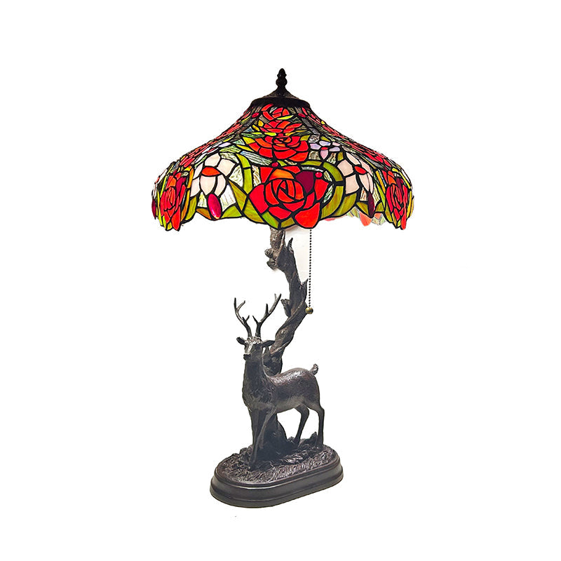 Traditional Tiffany Glass Iron Dome Deer Base Rose Flower 2-Light Table Lamp For Bedroom