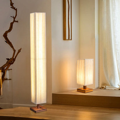 Traditional Japanese Walnut Fabric Square Column 1-Light Table Lamp For Living Room & Bedroom