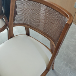 Traditional Vintage Microfiber Leather, Wood & Rattan Curved Dining Chair For Dining Room, Living Room And Bedroom