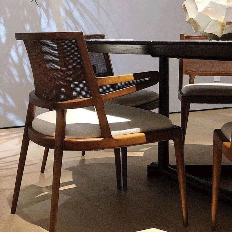 Traditional Vintage Microfiber Leather, Wood & Rattan Curved Dining Chair For Dining Room, Living Room And Bedroom