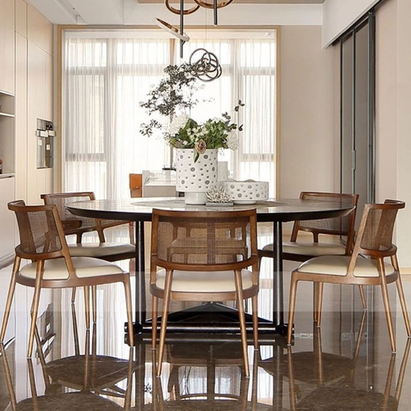Traditional Vintage Microfiber Leather, Wood & Rattan Curved Dining Chair For Dining Room, Living Room And Bedroom