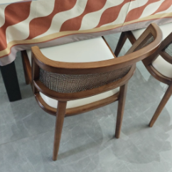 Traditional Vintage Microfiber Leather, Wood & Rattan Curved Dining Chair For Dining Room, Living Room And Bedroom