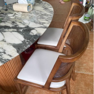 Traditional Vintage Microfiber Leather, Wood & Rattan Curved Dining Chair For Dining Room, Living Room And Bedroom