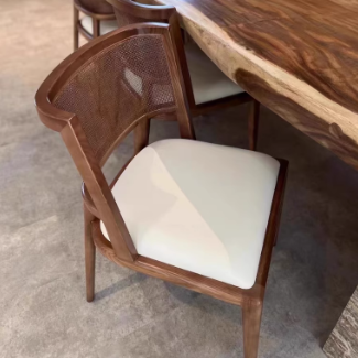 Traditional Vintage Microfiber Leather, Wood & Rattan Curved Dining Chair For Dining Room, Living Room And Bedroom