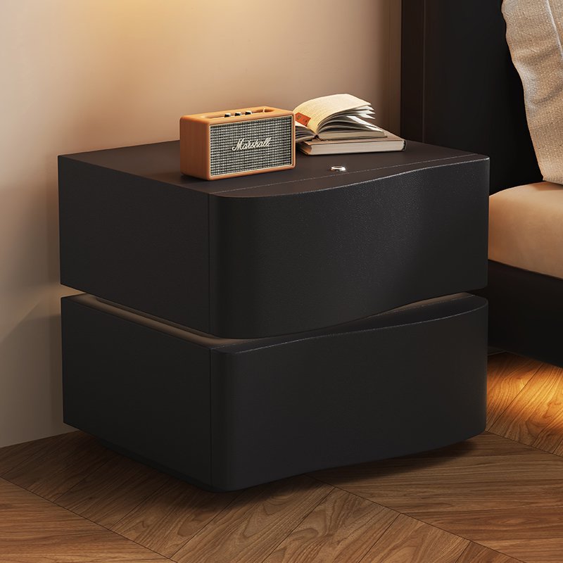 Contemporary Creative Solid Wood Microfiber Leather Rounded Square Nightstand 2-Drawer For Bedroom