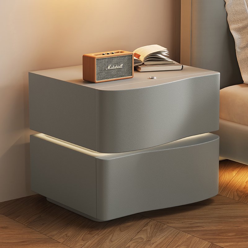 Contemporary Creative Solid Wood Microfiber Leather Rounded Square Nightstand 2-Drawer For Bedroom