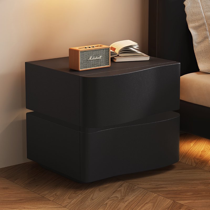 Contemporary Creative Solid Wood Microfiber Leather Rounded Square Nightstand 2-Drawer For Bedroom