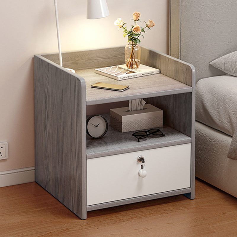 Modern Minimalist Engineered Wood Metal Rounded Square Nightstand With 1/2 Drawers For Bedroom