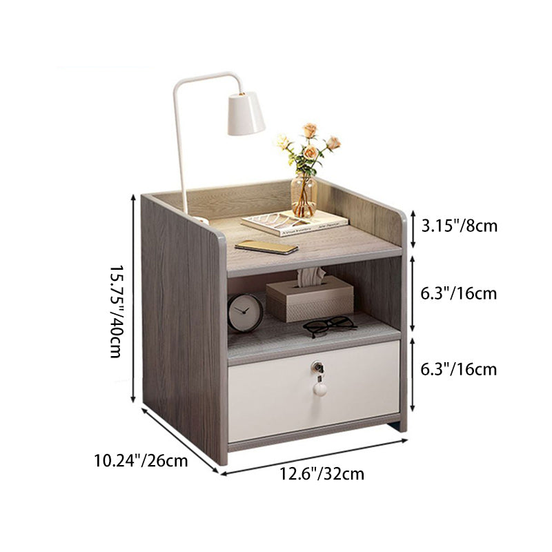 Modern Minimalist Engineered Wood Metal Rounded Square Nightstand With 1/2 Drawers For Bedroom