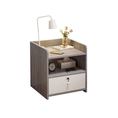 Modern Minimalist Engineered Wood Metal Rounded Square Nightstand With 1/2 Drawers For Bedroom