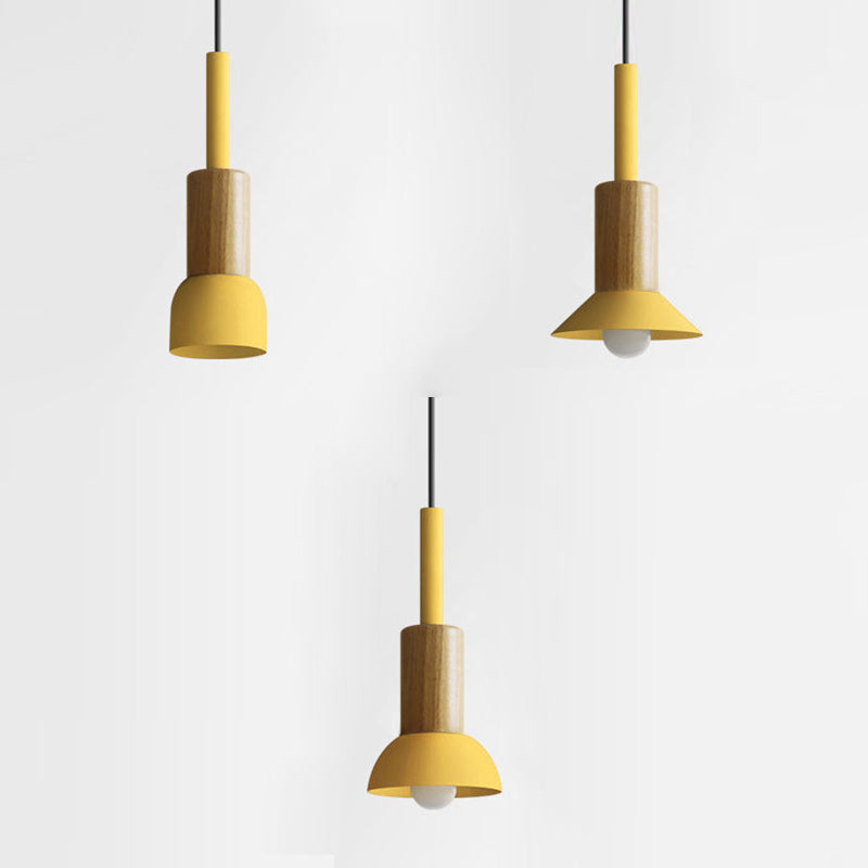 Contemporary Scandinavian Irregular Round Cylinder Iron Wood 1-Light Pendant Light For Living Room