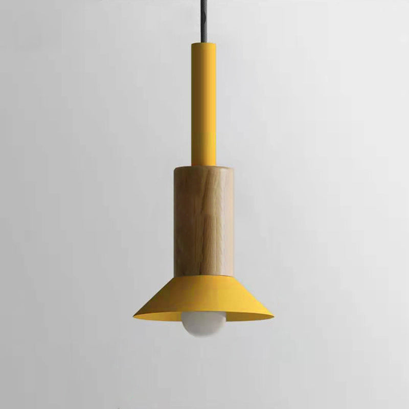 Contemporary Scandinavian Irregular Round Cylinder Iron Wood 1-Light Pendant Light For Living Room
