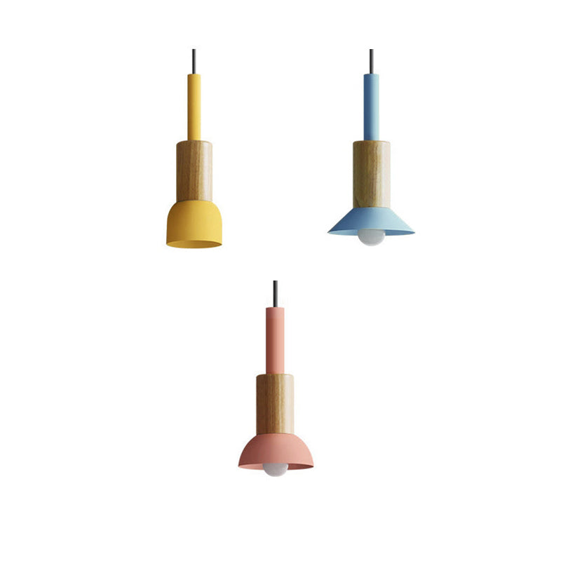 Contemporary Scandinavian Irregular Round Cylinder Iron Wood 1-Light Pendant Light For Living Room