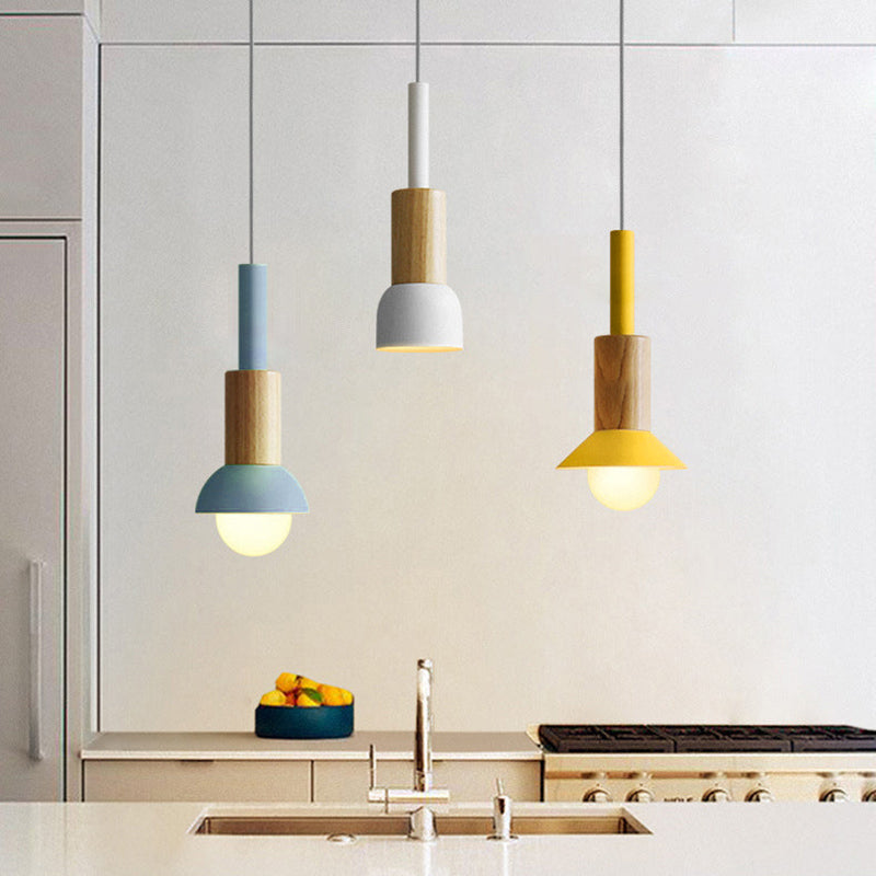 Contemporary Scandinavian Irregular Round Cylinder Iron Wood 1-Light Pendant Light For Living Room