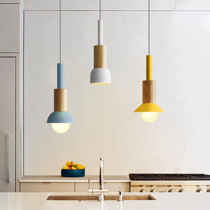 Contemporary Scandinavian Irregular Round Cylinder Iron Wood 1-Light Pendant Light For Living Room