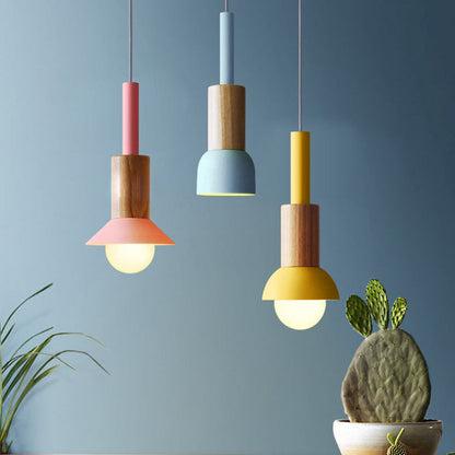 Contemporary Scandinavian Irregular Round Cylinder Iron Wood 1-Light Pendant Light For Living Room