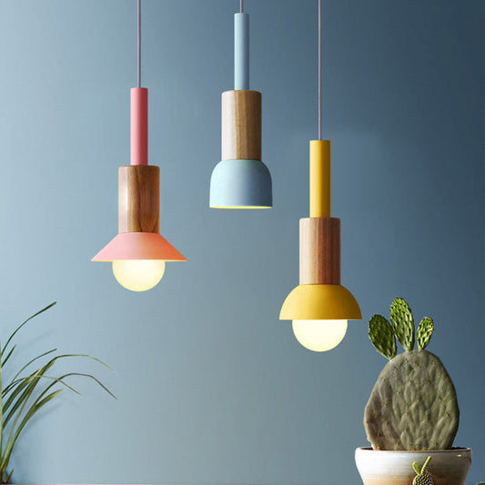 Contemporary Scandinavian Irregular Round Cylinder Iron Wood 1-Light Pendant Light For Living Room