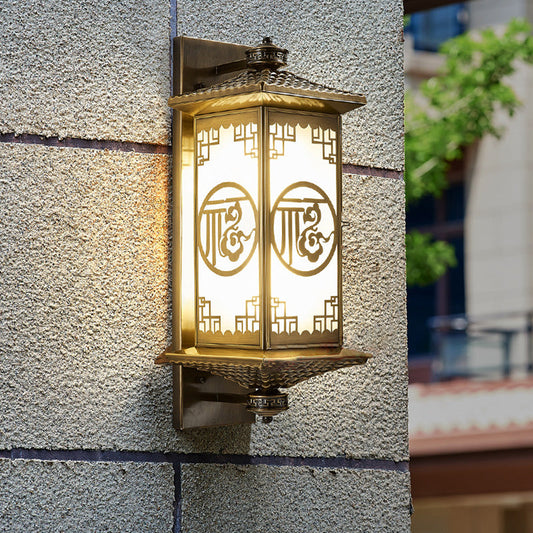 伝統的な中国風長方形宮殿ランタン フル銅ガラス 1灯壁取り付け用燭台ランプ 屋外パティオ用
