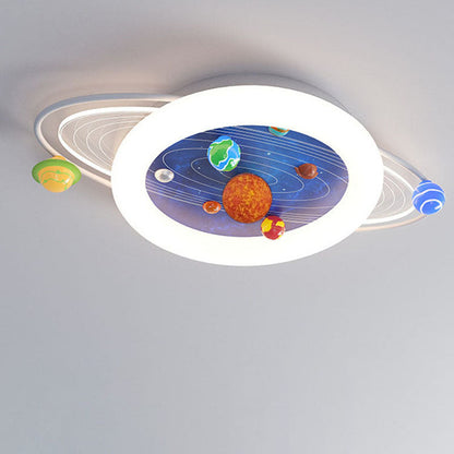 Contemporary Creative Kids Round Planet Acrylic Iron LED Flush Mount Ceiling Light For Bedroom