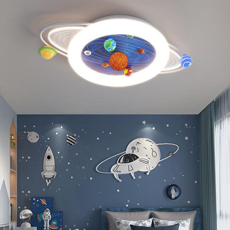 Contemporary Creative Kids Round Planet Acrylic Iron LED Flush Mount Ceiling Light For Bedroom