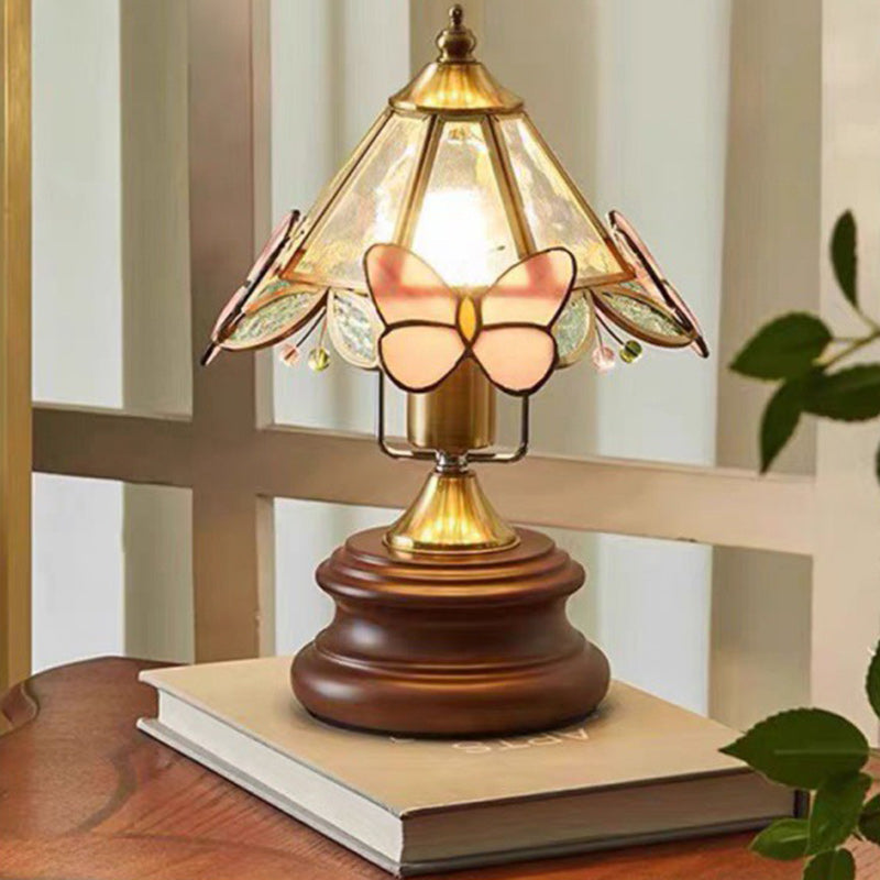Traditional Vintage Cone Glass Wood Copper 1-Light Table Lamp For Living Room