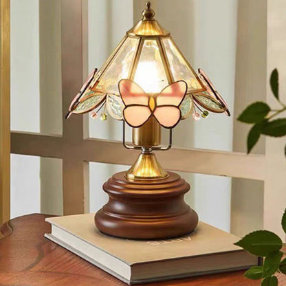 Traditional Vintage Cone Glass Wood Copper 1-Light Table Lamp For Living Room