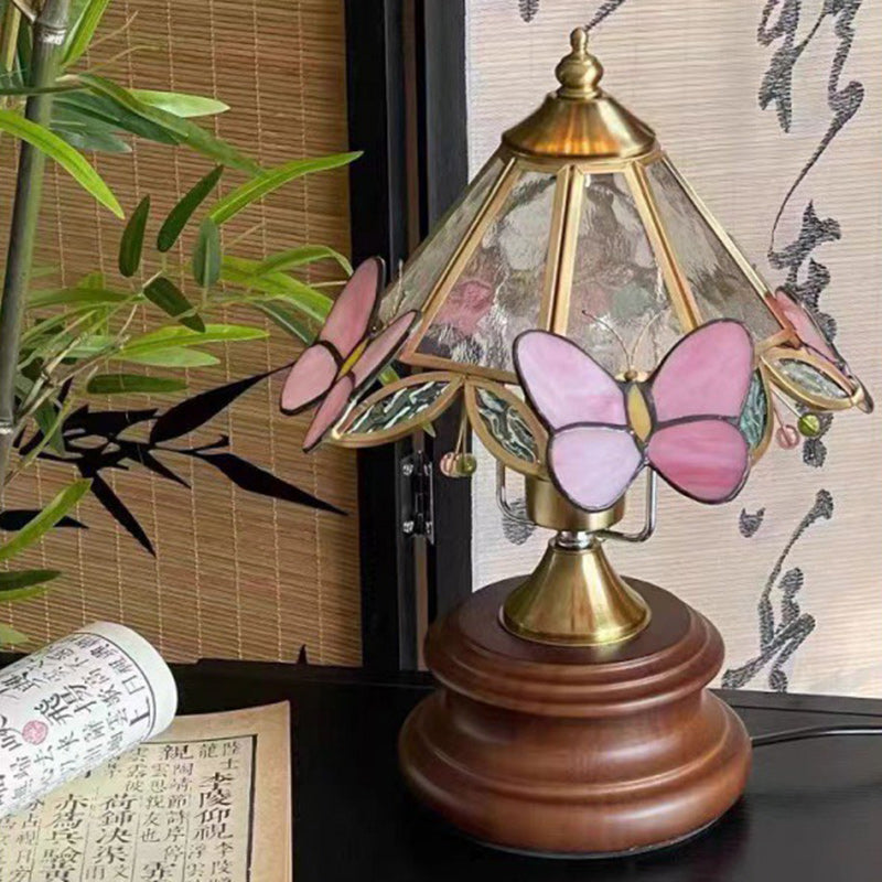 Traditional Vintage Cone Glass Wood Copper 1-Light Table Lamp For Living Room