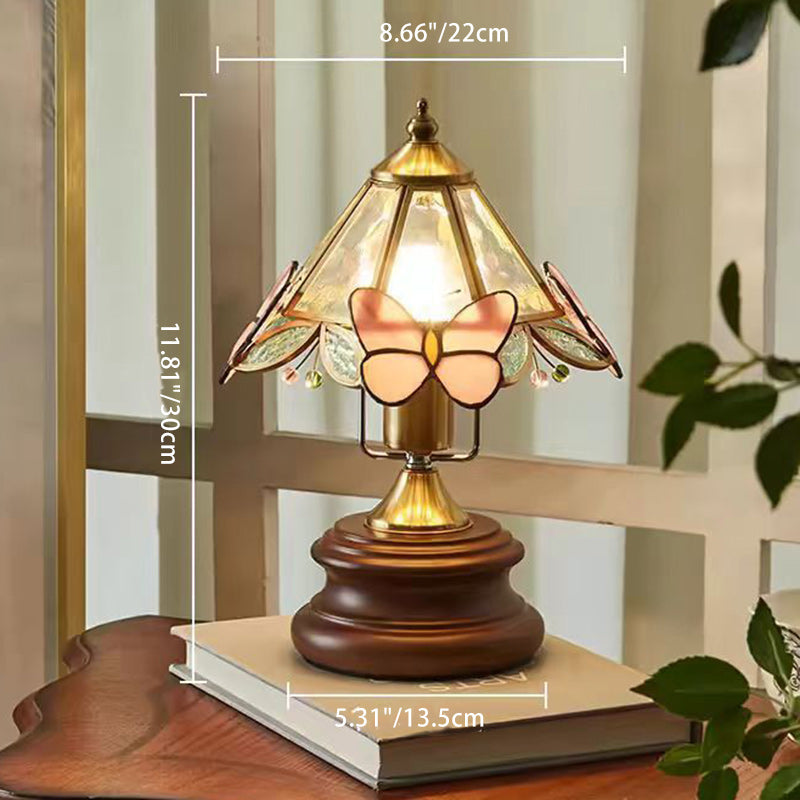 Traditional Vintage Cone Glass Wood Copper 1-Light Table Lamp For Living Room