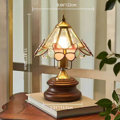 Traditional Vintage Cone Glass Wood Copper 1-Light Table Lamp For Living Room