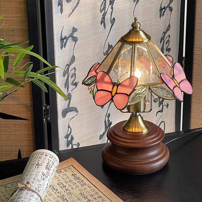 Traditional Vintage Cone Glass Wood Copper 1-Light Table Lamp For Living Room