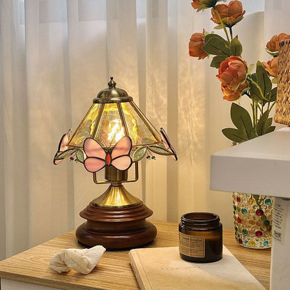 Traditional Vintage Cone Glass Wood Copper 1-Light Table Lamp For Living Room