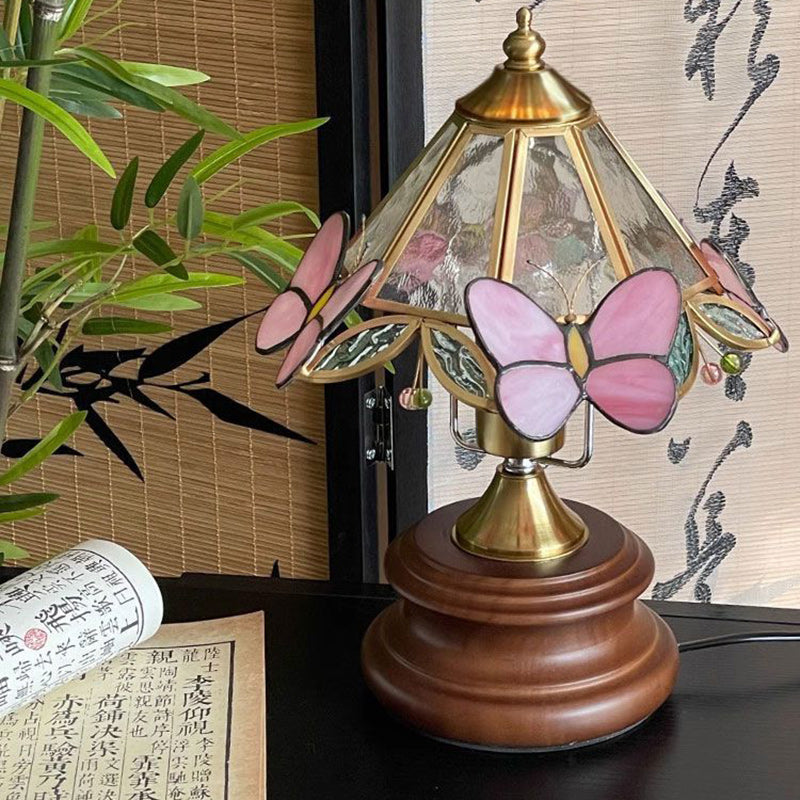 Traditional Vintage Cone Glass Wood Copper 1-Light Table Lamp For Living Room