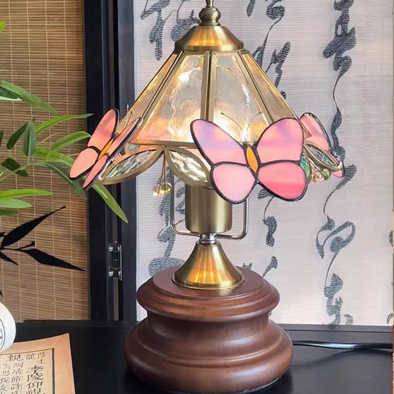 Traditional Vintage Cone Glass Wood Copper 1-Light Table Lamp For Living Room