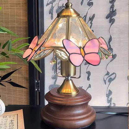 Traditional Vintage Cone Glass Wood Copper 1-Light Table Lamp For Living Room