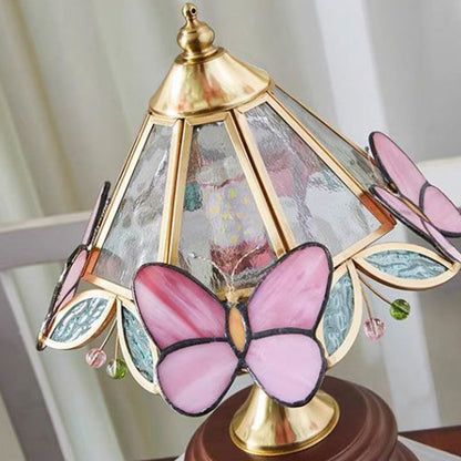 Traditional Vintage Cone Glass Wood Copper 1-Light Table Lamp For Living Room