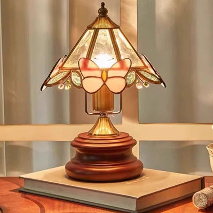 Traditional Vintage Cone Glass Wood Copper 1-Light Table Lamp For Living Room