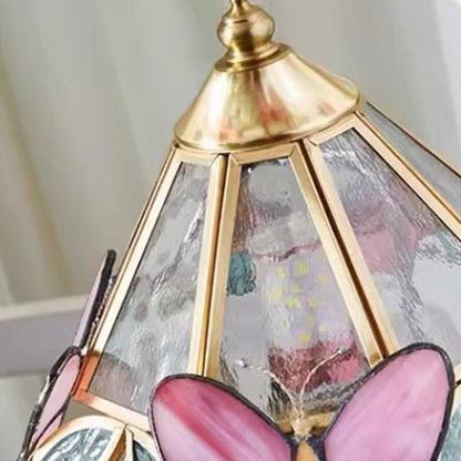 Traditional Vintage Cone Glass Wood Copper 1-Light Table Lamp For Living Room