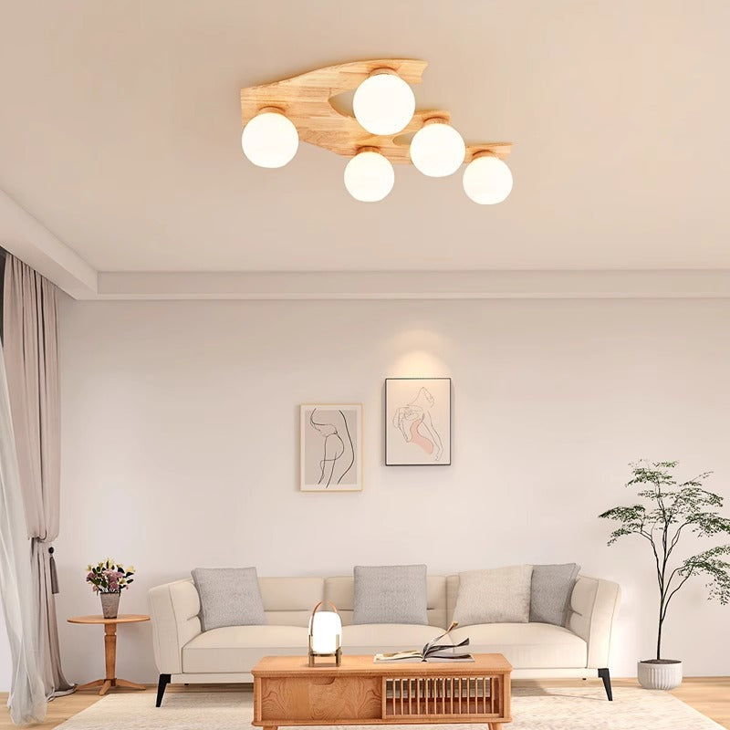 Contemporary Nordic Globe Wood Iron Glass 3/5-Light Semi-Flush Mount Ceiling Light For Living Room